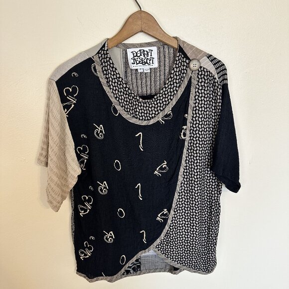 Vtg Womens Patchwork Blouse Asymmetrical Short Sleeve Top By Donna Jessica Black - Picture 9 of 9